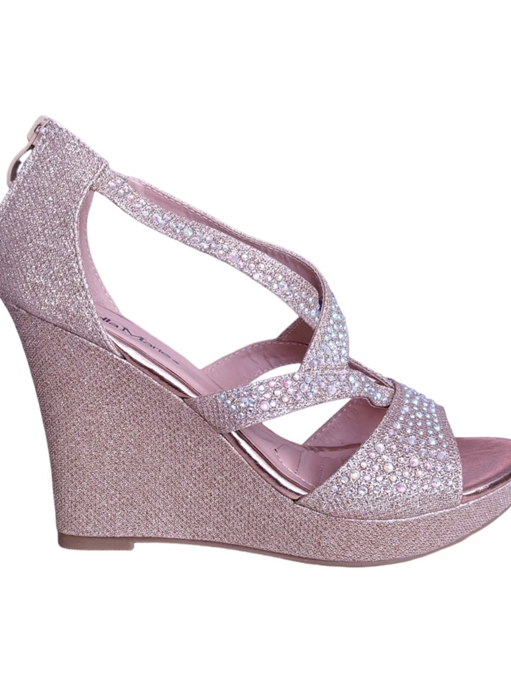 David’s Bridal Bella Marie Crystal Wedge Heel, Nude Metallic, Size 6.5 NEW